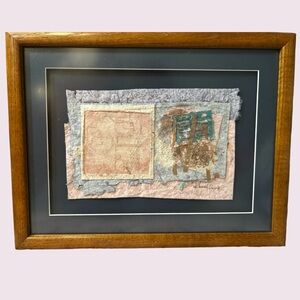 Original mixed media collage of hand crafted paper  professionally matted framed